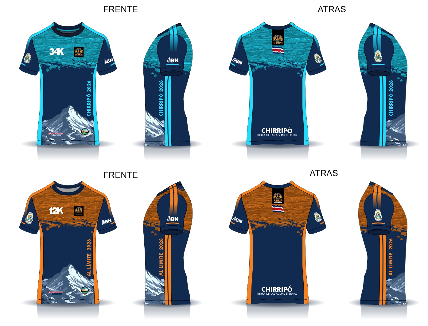 Diseños camisetas oficiales de la Carrera Chirripó de 34K y 12K por delante y por detrás